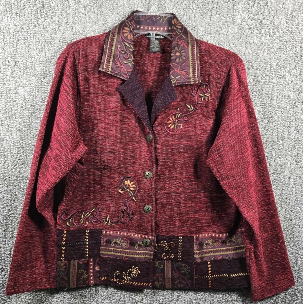 T & Company Button‎ Front Jacket Red Embroidered Patchwork Womens Size Small